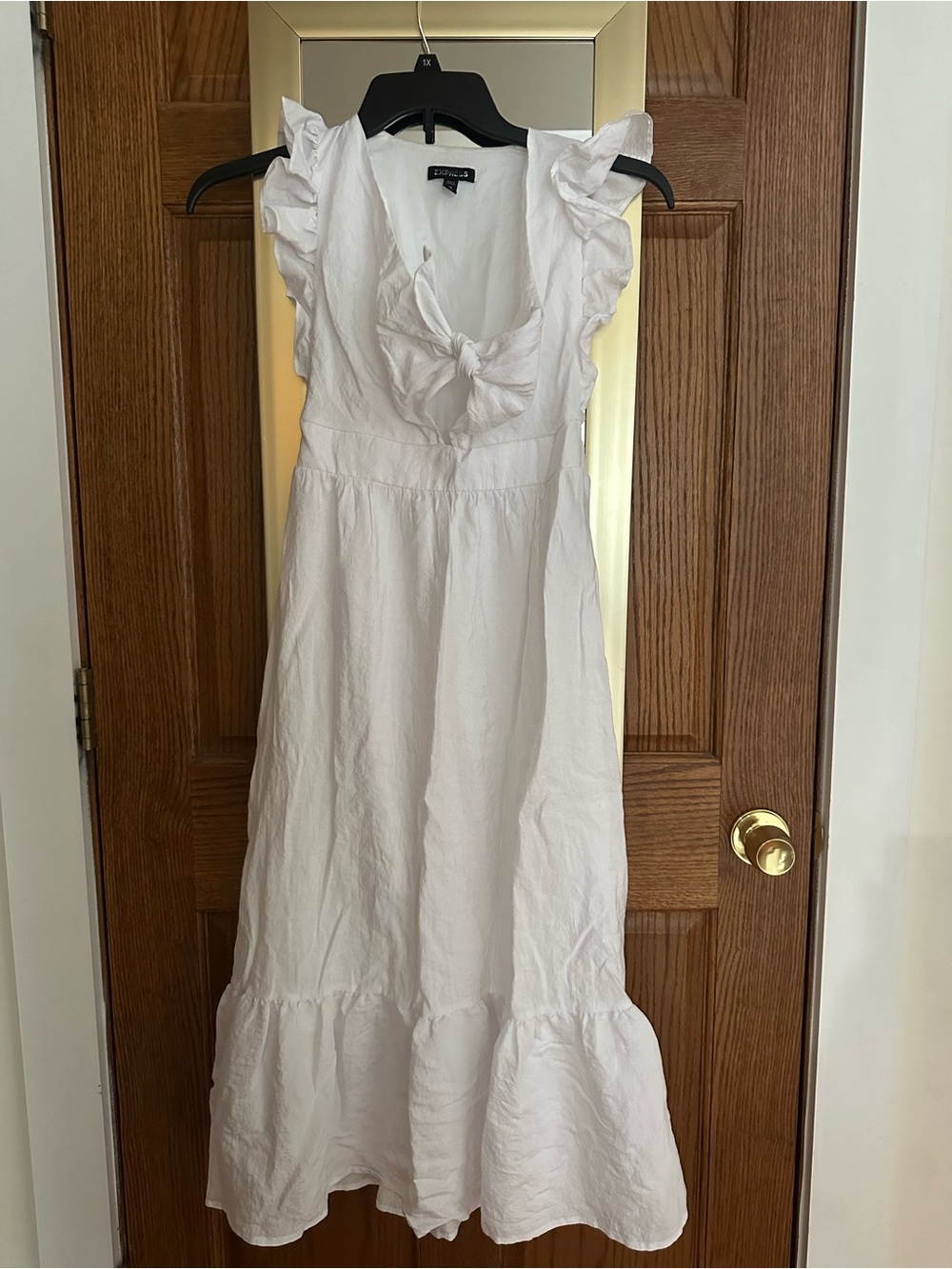 Express White Tie-Front Ruffle Midi Dress